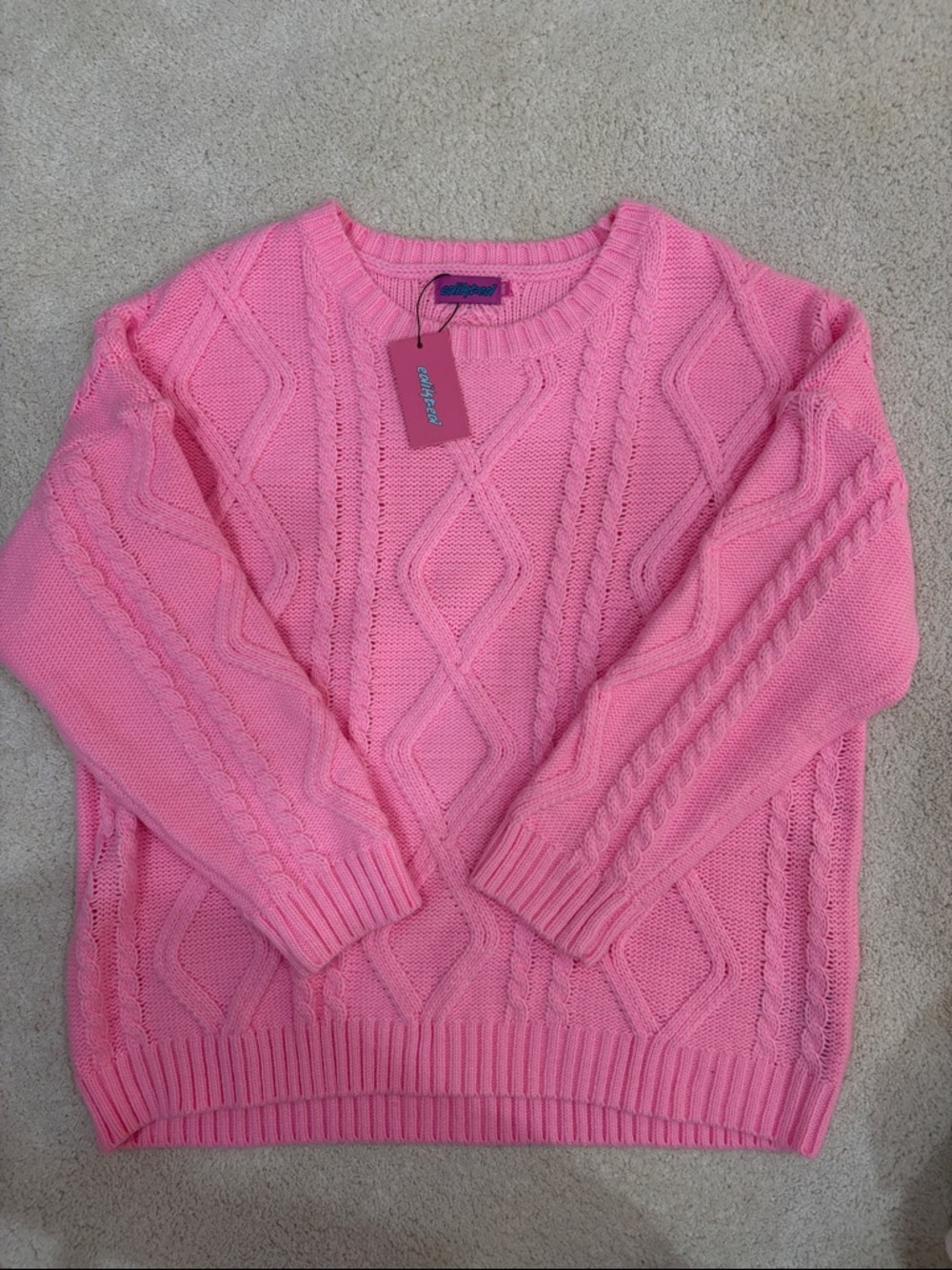 Edikted Pink Cable Knit Crewneck Sweater